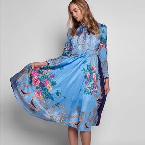 NWT Dalia MacPhee Rhonda floral Bow tie Satin Pleated dress Sz L